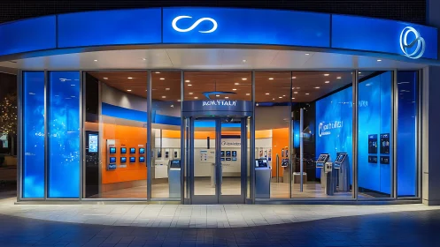 Architectural illumination of modular retail storefront with chromatic facade systems.