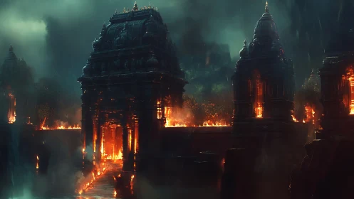 Stormlit temple citadel wrapped in glowing rivers of fire.