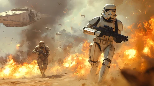 Stormtroopers charge through apocalyptic flames and warfare