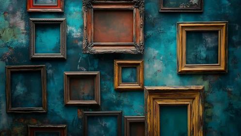 Empty vintage frames on distressed teal gallery wall grid.