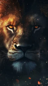 Close frontal portrait of lion face with ember lighting.