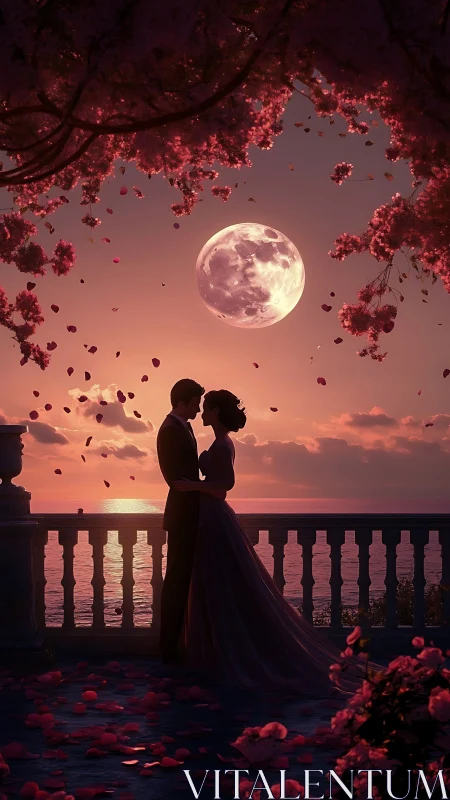 Silhouetted Couple Beneath Celestial Moon and Falling Petals.