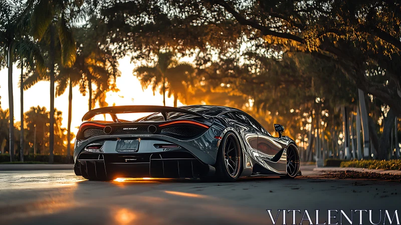Low black supercar parked on palm lined street at sunset.