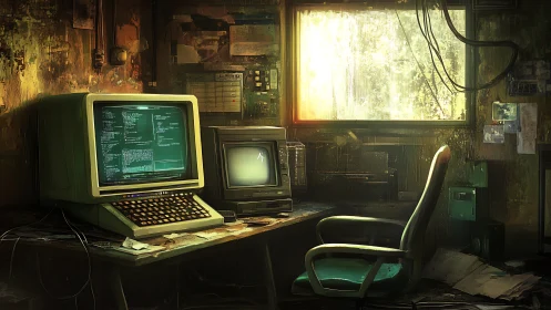 Retro hacker workstation glows inside decaying control room