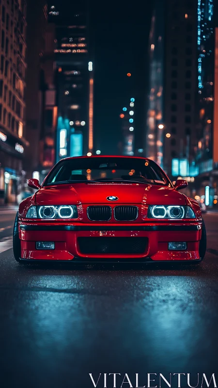 Bold red city cruiser glowing under moody night lights.