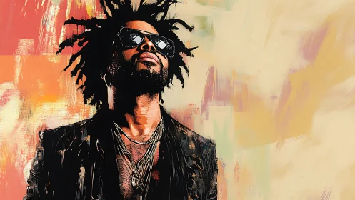 Stylized portrait of cool man in sunglasses against abstract field.