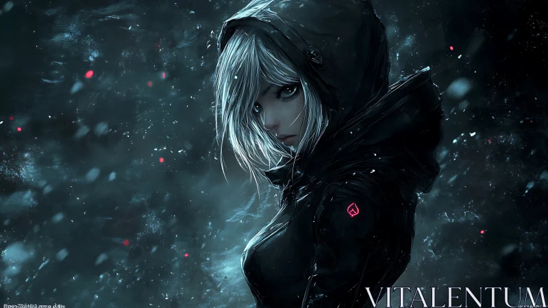 Hooded cyberpunk girl stalks neon storm in dark alley.