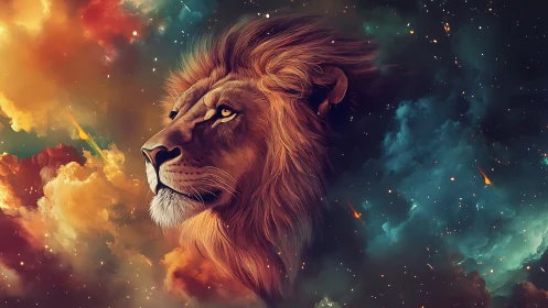 Majestic cosmic lion gazes through radiant nebula clouds.