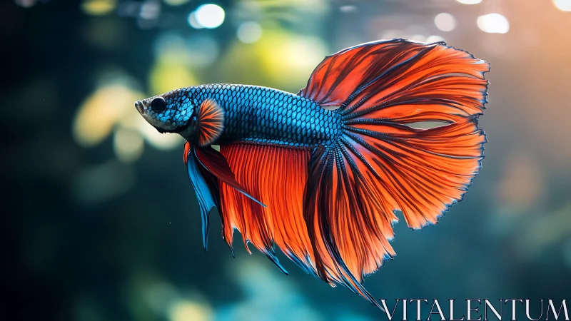 Radiant betta fish with flowing red fins in bokeh water.