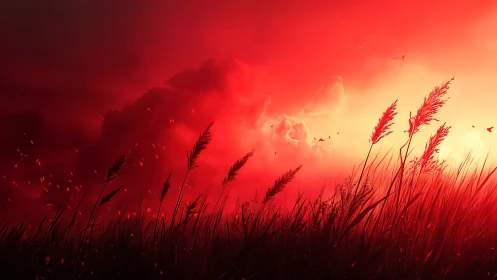 Crimson stormlit field with windblown reeds at blazing dusk.