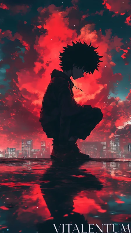 Silhouetted anime figure crouches before neon red storm clouds
