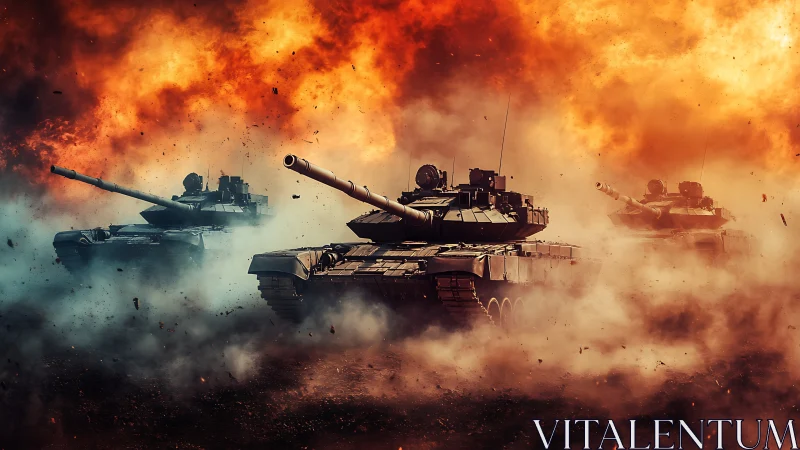 Main battle tanks advance through inferno of fire and smoke.