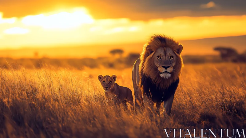 Golden savanna monarchs stride through molten sunset light.