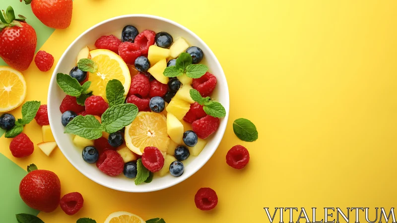 Colorful summer fruit salad glows against bright yellow background.
