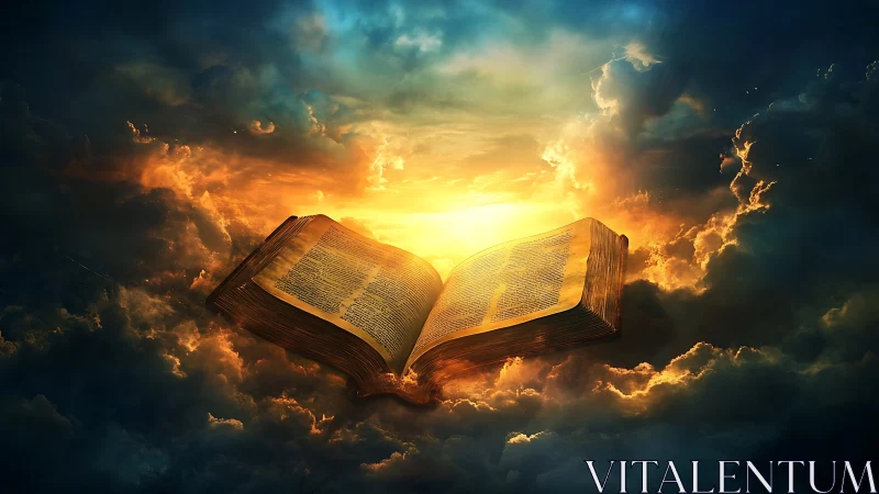 Glowing ancient book floating gently in radiant golden clouds.