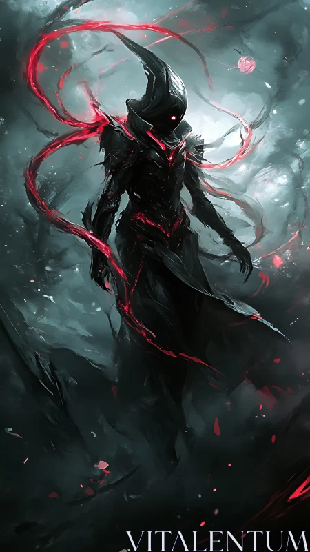 Shrouded dark figure strides through swirling scarlet storm
