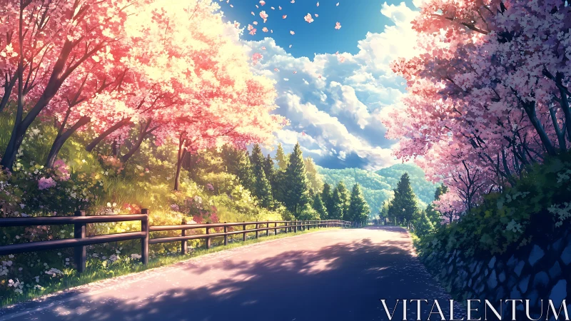 Cherry blossom lined road curves through bright spring hills