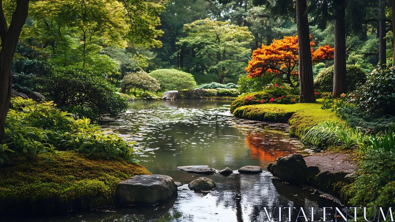 Tranquil Japanese garden pond reflects layered summer foliage