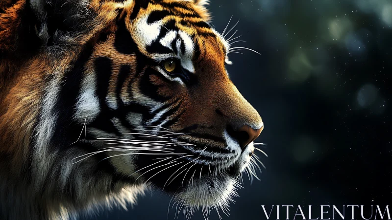 Tiger profile closeup with detailed stripes and whiskers.