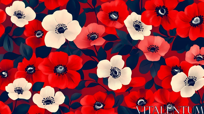 Red Anemones Dance: Bold Florals Against Navy Blue.
