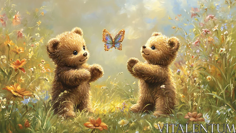 Two playful teddy bears watch bright butterfly over meadow