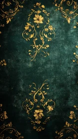 Emerald patina wallpaper with antique golden floral scrolls.