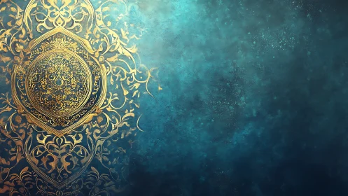 Ornamental gold medallion design occupies left blue field