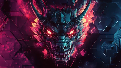 Fierce cyber dragon face glowing in neon fire and shadow.