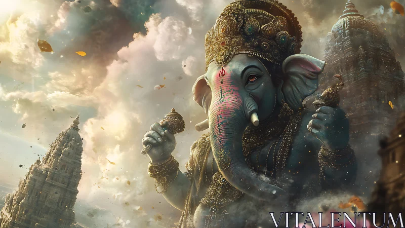 Ornate elephant-headed deity amid storm-lit temple clouds.
