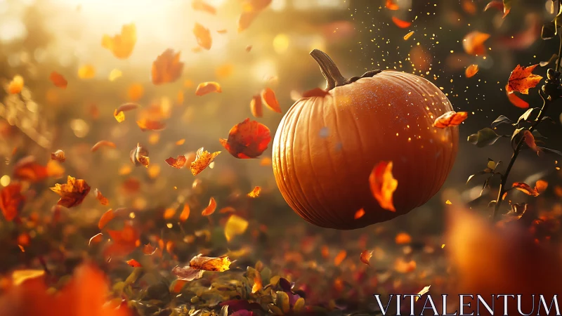 Orange pumpkin floats among swirling autumn leaves outdoors.