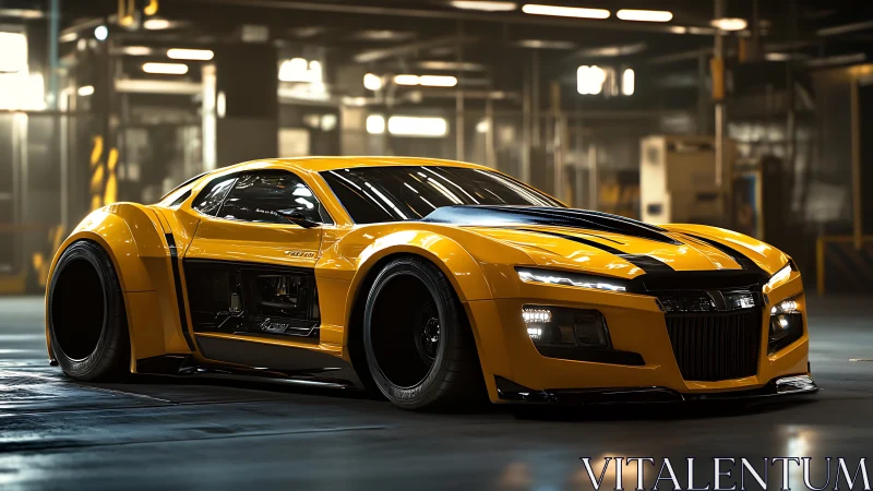 Yellow hypercar stands poised under industrial garage lights.