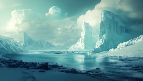 Icy cliffs rise over a tranquil polar bay beneath soft clouds