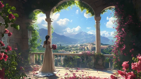 Woman in formal gown on floral terrace overlooking valley.