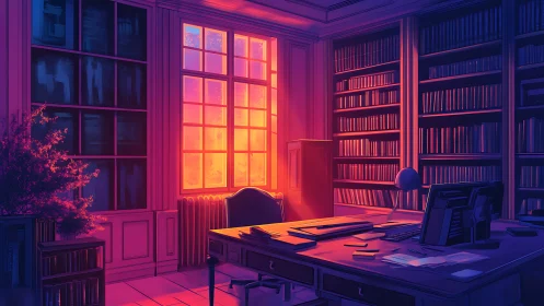 Sunlit library office bathed in neon dusk glow.