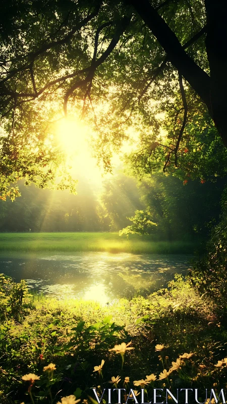 Golden morning sunlight filters gently over a quiet forest pond