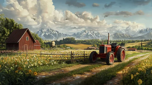 Sunlit red tractor rests quietly among bright country fields