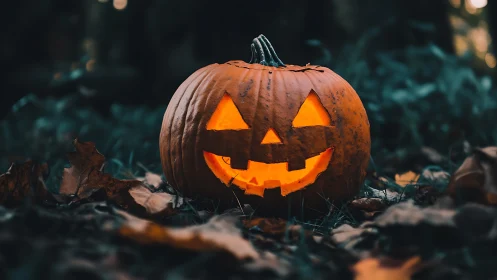 Glowing jack-o’-lantern smiles in a dark autumn forest dusk.