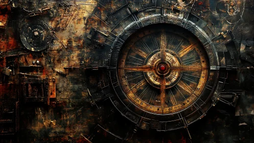 Rust-corroded mechanical dial exposes radial gears and layered casing