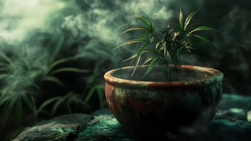 Young cannabis plant in weathered clay pot amid drifting vapor