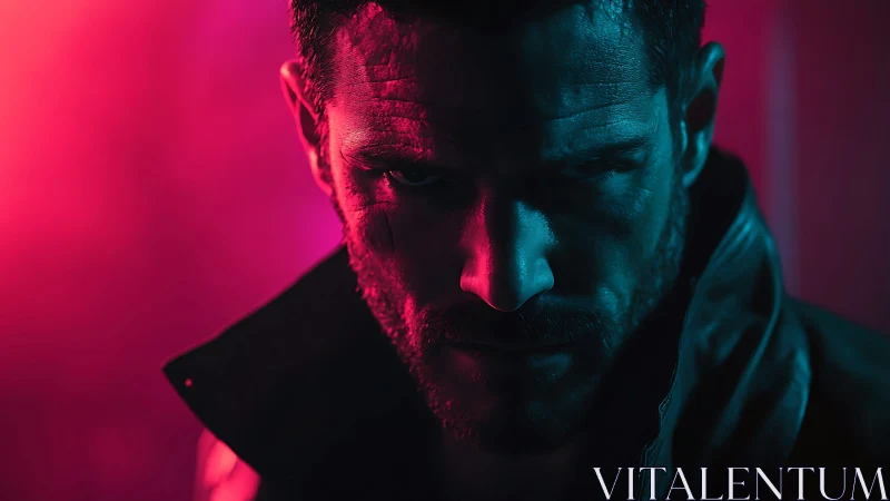 Male subject under split red and teal lighting stares ahead