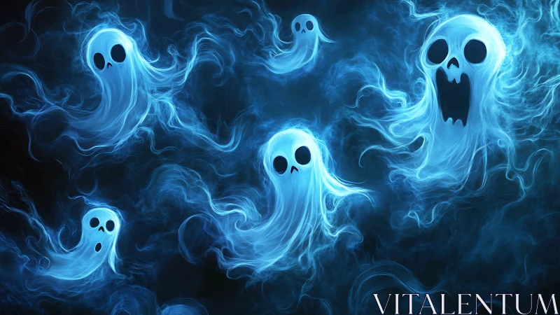 Multiple blue ghost figures float in swirling luminous fog