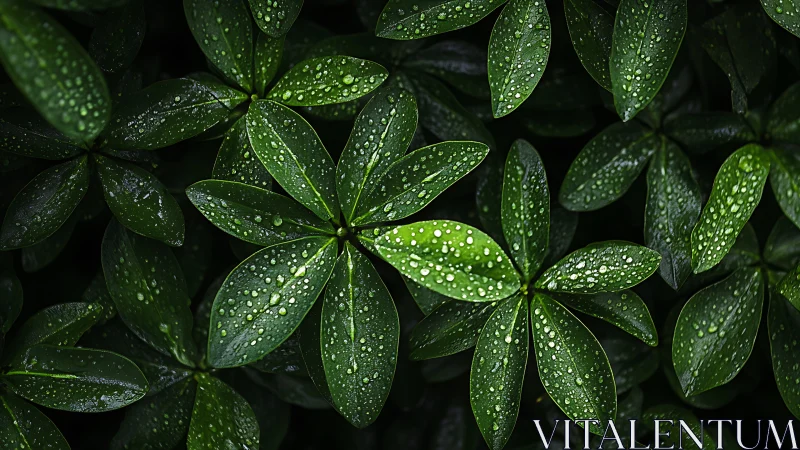 Rain-kissed green leaves form dense glossy foliage pattern