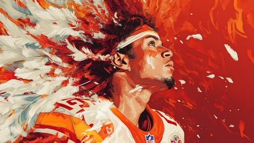 Portrait of football player in explosive feathered motion art.