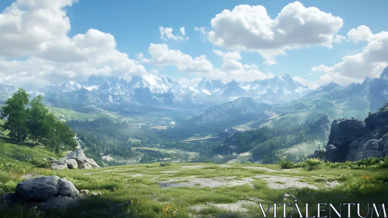 Mountain valley landscape under scattered cumulus clouds.