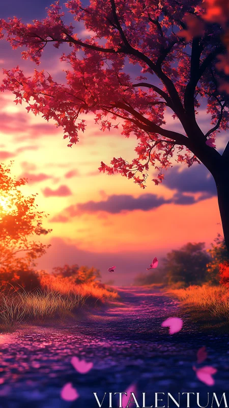 Sunset forest path under glowing pink autumn canopy.