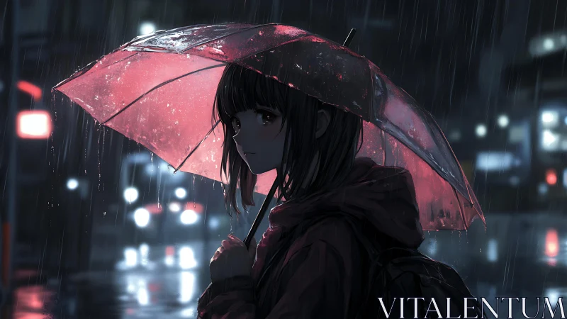 Rain-soaked urban night with girl under translucent pink umbrella