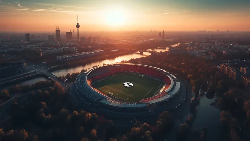 Sunset over a glowing city stadium ready for football magic.