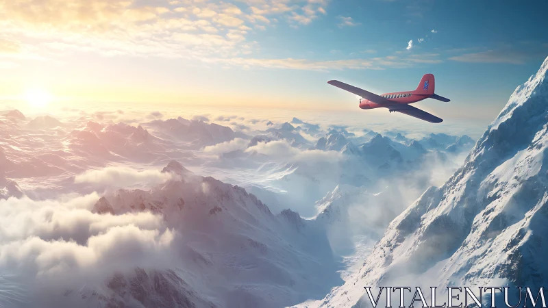 Red alpine aircraft glides through sunrise-lit snowy peaks.