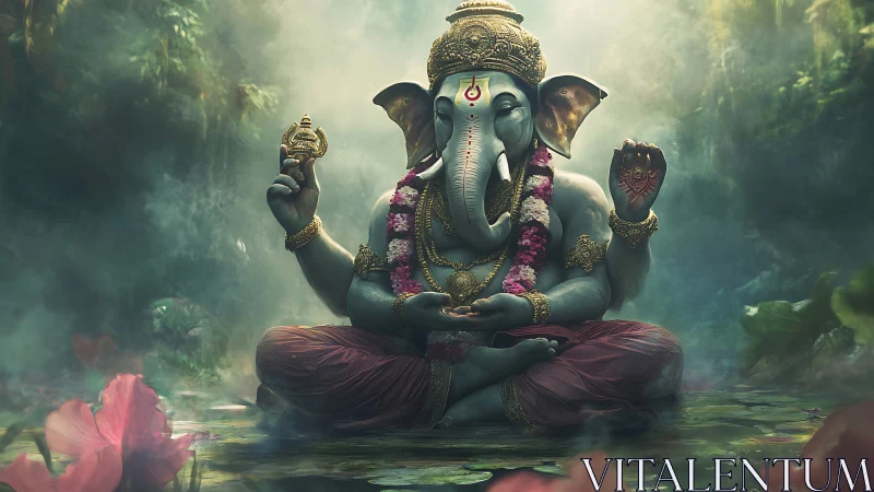 Divine elephant deity meditating in misty forest temple.