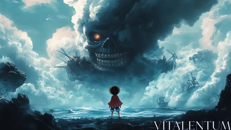 Solitary figure observing colossal skull-shaped storm cloud.